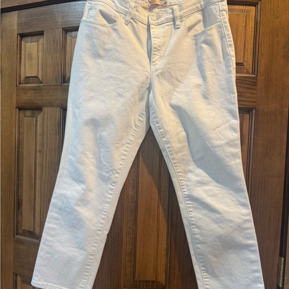 Tory Burch White Denim with Orange Stitching